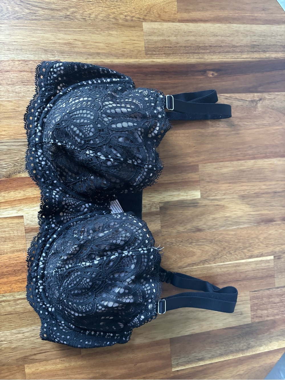Victoria's Secret Black Lace Underwire Bra with Floral Overlay, 36DD